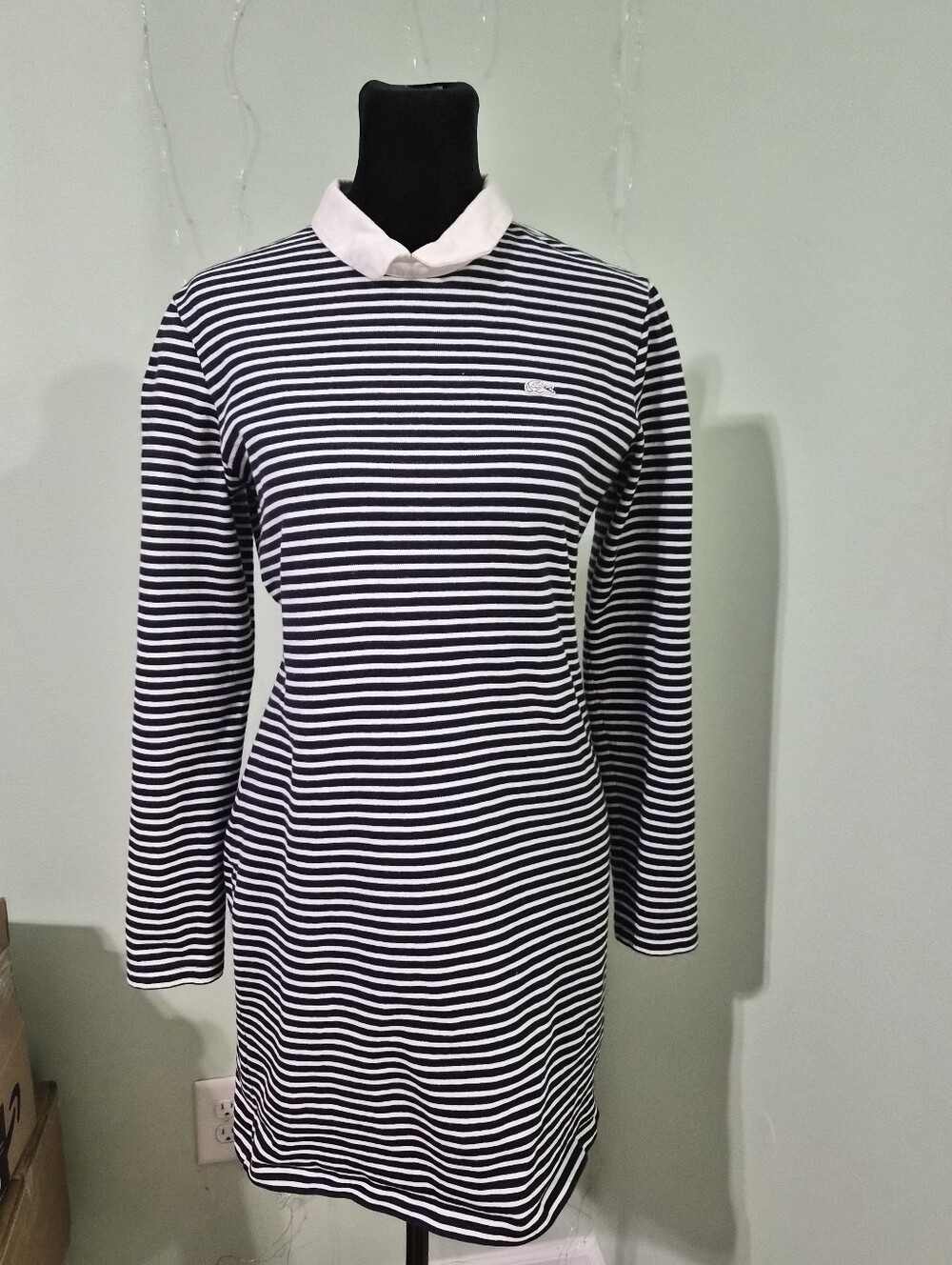 Lacoste LIVE Navy and White Striped Zip-Front Knit Top